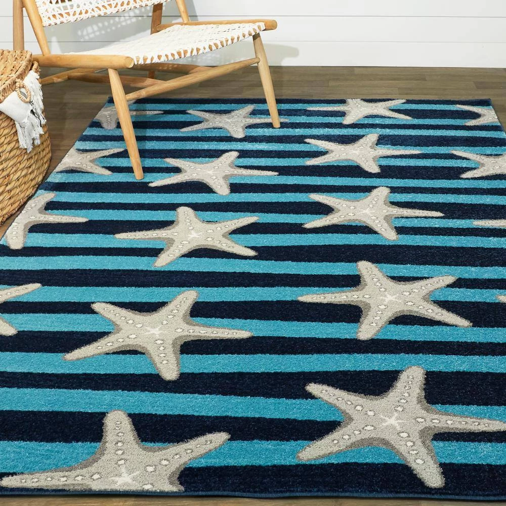 Sereia Starfish Print Striped Teal/Navy 8 ft. x 10 ft. Area Rug by BALTA 4 Sereia Starfish Print Striped Teal/Navy 8 ft. x 10 ft. Area Rug by BALTA - Image 2